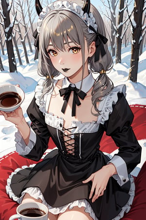 1girl, gray hair, tall, flat chest,neutral face, Delicate skin tone, black lips, low twintails, realistic, gold eyes, maid costume, black stockings, red horns, forest, carriage, snow, drink coffee mug