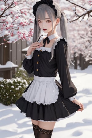1girl, gray hair, tall, flat chest,neutral face, Delicate skin tone, black lips, low twintails, realistic, gold eyes, maid costume, black stockings, red horns, snow, sakura tree,