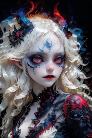 (Viewed from front), facing the viewer,,1 albino demon girl with   sleepy smokey blue eyes,long black hair (prismatic coloring),  detaild neat hair , ((blonde)), demon girl ,  ,  (  intricate red  horns ),, wearing a chromatic vibrent lace blouse,perfect face,detaild eyes,  , parted black lips,beautiful detaild eyes,gothic background,, ,  ,   best quality,, highest quality, extremely detailed CG unity 8k wallpaper, detailed and intricate,

 ,  , in the style of esao andrews,more detail XL,colorful