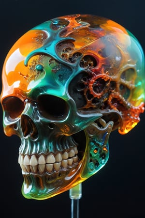 art by yashitomo nara, a transparent epoxy  resin cube shaped head,a cube shaped head, vibrent stronstunning colours,beauty, hyper-realistic oil painting,neon vibrant colors, dark chiarascuro lighting, a telephoto shot, 1000mm lens,  ,more detail XL,a cucubic scull 