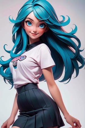 (masterpiece:1.5), (best quality:1.5), 3dmm,highres, highly detailed,3DG,3d,1girl,   blue eyes, long blue:green hair, Pink T-shirt, white skirt, smiling, looking at viewer, natural breasts ,cute, clean background, (perfect face:1.1), perfect eyes,hands behind back 