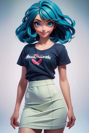 (masterpiece:1.5), (best quality:1.5), 3dmm,highres, highly detailed,3DG,3d,1girl,   blue eyes, long blue:green hair,,hands behind back , Pink T-shirt, white skirt, smiling, looking at viewer, natural breasts ,cute, clean background, (perfect face:1.1), perfect eyes,