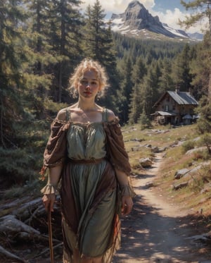 ,   ultra high resolution, 8k, masterpiece UHD, unparalleled masterpiece, ultra realistic 8K, 
Atmospheric perspective. ((beautiful a vilage girl 32 years old )) blonde,,in medivel Europe,in a beautiful wilage,pine trees,cottage,winter,(sleveless ),swisterland,snowey mountain peakes in distent background 
