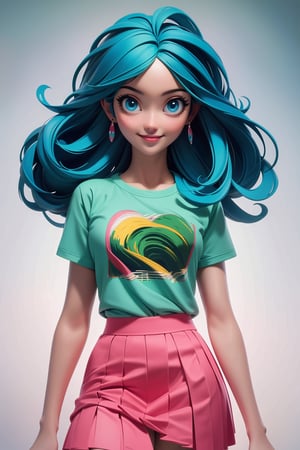 (masterpiece:1.5), (best quality:1.5), 3dmm,highres, highly detailed,3DG,3d,1girl,   blue eyes, long blue:green hair, Pink T-shirt, white skirt, smiling, looking at viewer, natural breasts ,cute, clean background, (perfect face:1.1), perfect eyes,
