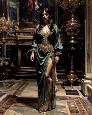 , ultra high resolution, 8k, masterpiece UHD, unparalleled masterpiece, ultra realistic 8K, 
Atmospheric perspective. Full body shot, (a italigirl in a,mansion, luxurious mansion,tiled floor,plam trees,vains ancient vases,  Italian costume,long black hair , close-up,beautiful girl,sleveless,