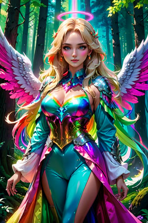(masterpiece),strong neon colours ,viewed_from_front  ,  perfect  , vibrent , ((strong neon rainbow colours)),,blonde hair,(masterpiece),( Angel with 2 big   wings ) ,viewed_from_front , tan skin , ((flowing clothes )),megestic,perfect face ,  medivel,pink   armour,,(( wearing  beautiful glowing   robes  ),  elegant clothing, Divine  , ,((blonde hair)) ,, facing the viewer ,          ethernel ,     ,perfect face,  epic, megestic   ,, ( (has megestic pink wings in back )),        ((detaild clothes ))  ,(  Forest background) ,vibrant colours  ,       ,more detail XL  ,,   ,
 , full upper body,,  ((vibrent   )) ,     , highly detaild , ,, facing the viewer ,   ,     realistic   ,more detail XL,.