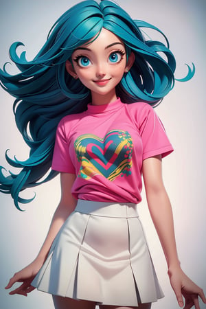 (masterpiece:1.5), (best quality:1.5), 3dmm, , highly detailed,3DG,3d,1girl,   blue eyes, long blue:green hair, Pink T-shirt, white skirt, smiling, looking at viewer, natural breasts ,cute, clean background, (perfect face:1.1), perfect eyes,