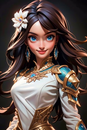 (Masterpiece: 1.5), (Best Quality: 1.5), High Resolution, Highly Detailed, 3DMM,1 Girl, Solo,  blue eyes, long brown  hair, natural skin , smiling, looking at viewer,white dress , lether armour, prinses,  breasts,  fantasy background, (perfect face:1.1), perfect eyes, Earrings, Jewelry, Flowers, Perfect Face,  , ,3DMM