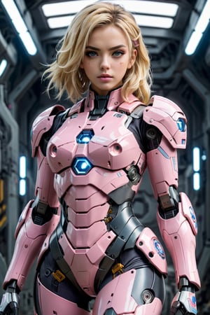 4K resalotion , (masterpiece),full body armour  ,viewed_from_front , perfect face  ,  1 beautiful girl wearing fullbody armour, blonde hair, sexy , , facing the viewer ,    full body damaged heavy  armour ,  , beautiful sci-fi background ,perfect face, futuristic ,full body ,mecha,,  wearing  mecha  gear, sci-fi, mecha    ,full mecha legs ,beautiful pink armour   ,    ,vibrant colours  , realistic animi girl ,more detail XL  ,