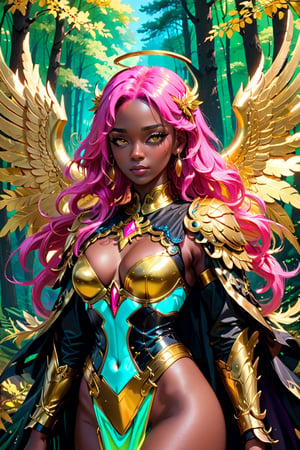 (masterpiece),strong   colours, black skin,,viewed_from_front  ,  perfect  ,   , ((  neon gold wings)),,pink hair,(masterpiece),( Angel with 2 big   wings ) ,viewed_from_front ,   , ((flowing golden clothes )),megestic,perfect face ,  medivel,pink   armour,,(( wearing  beautiful gold   robes  ),  elegant clothing, Divine  , ,((pink hair)) ,, facing the viewer ,          ethernel ,     ,perfect face,  epic, megestic   ,, ( (has megestic pink wings in back )),        ((detaild clothes ))  ,(  Forest background) ,vibrant colours  ,       ,more detail XL  ,,   ,
 , full upper body,,  ((vibrent   )) ,     , highly detaild , ,, facing the viewer ,   ,     realistic   ,more detail XL,.