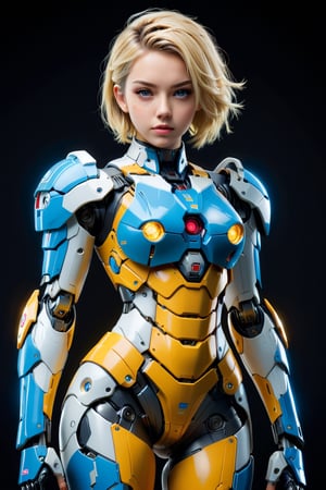 4K resalotion , (masterpiece),full body ,viewed_from_front  ,  perfect face  ,  1 beautiful  girl front view    , ,, facing the viewer ,    full body damaged heavy  armour ,  ,short   blonde hair,perfect face, futuristic ,full body ,mecha,,  wearing  mecha  gear, sci-fi, mecha     armour   , simple background ,vibrant colours  , realistic animi girl ,more detail XL  ,