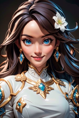 (Masterpiece: 1.5), (Best Quality: 1.5), High Resolution, Highly Detailed, 3DMM,1 Girl, Solo,  blue eyes, long brown  hair, natural skin , smiling, looking at viewer,white dress , lether armour, prinses,  breasts,  fantasy background, (perfect face:1.1), perfect eyes, Earrings, Jewelry, Flowers, Perfect Face,  , ,3DMM