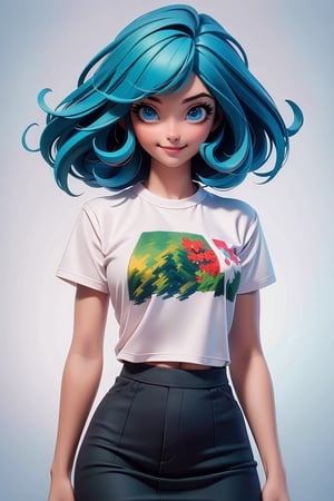 (masterpiece:1.5), (best quality:1.5), 3dmm,highres, highly detailed,3DG,3d,1girl,   blue eyes, long blue:green hair, Pink T-shirt, white skirt, smiling, looking at viewer, natural breasts ,cute, clean background, (perfect face:1.1), perfect eyes,hands behind back 