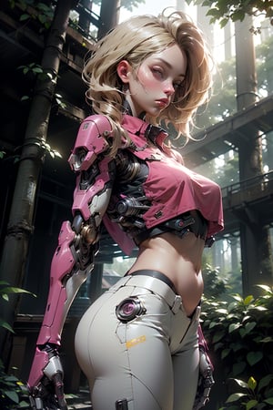 highres, beautiful sense, Barbie, blonde hair, (strong vibrent colours),, ((viewed_from _front)), front side,Ultra HD, ultra detailed, close-up,,((in a Forest )),lush forest,cinematic poster, 1 female      wearing  a pink blouse, sleveless, bars hands,white pants ,,  ,     facing the viewer,outdoors, ((high-tech building background )),  arms, belly,  thoc,,  (sci-fi),   . medium breasts, highly detaild beautiful background ,   outdoor  sense with high-tech lighting, gleaming, sparkling light, front 