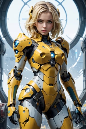 4K resalotion , (masterpiece),full body armour  ,viewed_from_front , perfect face  ,  1 beautiful girl wearing fullbody armour, blonde hair, sexy , , facing the viewer ,    full body damaged heavy  armour ,  , beautiful sci-fi background ,perfect face, futuristic ,full body ,mecha,,  wearing  mecha  gear, sci-fi, mecha    ,full mecha legs ,beautiful yellow armour   ,    ,vibrant colours  , realistic animi girl ,more detail XL  ,
