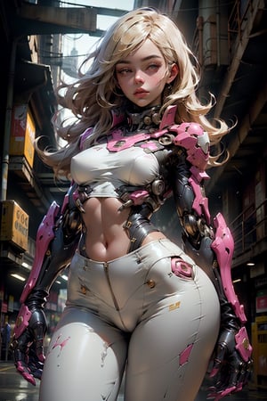 highres, Ultra HD, ultra detailed, cinematic poster, barbie, long blonde hair ,(1girl), Beautiful women, wearing a pink blowse and white pants,that is a tight fit. medium breasts, slime thicc, ((front)), facing the viewer,stand in henshin pose, the background is a high-tech lighting scene of the   city, gleaming, sparkling light,wrenchs,mechs, 
