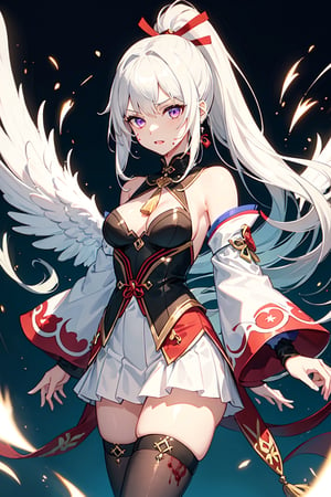 1girl, japanese clothes, ponytail,anjel with wings,,white hair, purple eyes, magic circle, blue fire, blue flames, has two white wings , landscape, blood, blood splatter, depth of field, night, light particles, light rays, sidelighting, thighs, fate \(series\), genshin impact, ****, open jacket, skirt, thighhighs, cloud