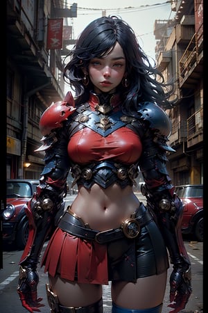 highres, Ultra HD, ultra detailed, cinematic poster, ((the super women )), long   hair ,(1girl), Beautiful women, wearing her armour, marvel character, tight fit. medium breasts, ((red and blue upperbody armour red mini skirt)),slime thicc, ((front)), facing the viewer,stand in henshin pose, the background is a high-tech lighting scene of the   city, gleaming, sparkling light,wrenchs,mechs, 