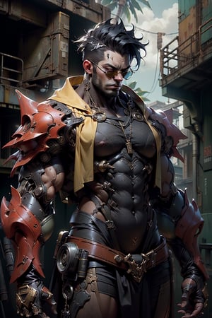 highres, Ultra HD,(( tropical Bunker background) ),,((strong beautiful colours)),ultra detailed,((a male heroin a heavy michancal costume, michancal chest )),cinematic poster, , musculer, biceps, masculine wearing  battle armour,,black hair ,wearing ,heavy mecha armour ,  big  mecha hands, musculer, yellow and black heavy armour glowing sunglasses , megestic ,,  , front   , (tan_skin )  ,  ,  ,  battle armour,  ,,  ,a sci-fi ocean background,,front,  the the background is a high-tech lighting scene of a Bunker,on vacation in a remote tropical island  ,     , sci-fi, futeristic, ,