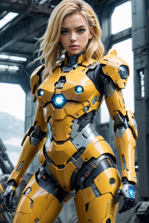 4K resalotion , (masterpiece),full body armour  ,viewed_from_front , perfect face  ,  1 beautiful girl wearing fullbody armour, blonde hair, sexy , , facing the viewer ,    full body damaged heavy  armour ,  , beautiful sci-fi background ,perfect face, futuristic ,full body ,mecha,,  wearing  mecha  gear, sci-fi, mecha    ,full mecha legs ,beautiful yellow armour   ,    ,vibrant colours  , realistic animi girl ,more detail XL  ,