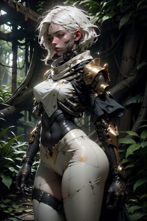 highres, Ultra HD, ultra detailed, cinematic poster, (1girl), Beautiful women in a rainforest , lush trees,white hair ,((wearing A militaristic uniform with burn marks and psychic sigils stitched onto it. They also wear a rebreather to suppress their powers, )),( giant ), bulky shoulders ,  ,  stand, front,pose, the background is a high-tech lighting scene of a lush forest,  lush trees,, gleaming, sparkling light,, ,    