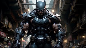 highres, Ultra HD, ultra detailed, cinematic poster, ((the bat man )),facing the viewer, front side,,(Batman ), musculer, masculine ,   marvel character, tight fit. black cape, Batman costume,,  slime  ((front)), facing the viewer,  , the background is a high-tech lighting scene of the future cyberpunk city, gleaming, sparkling light,wrenchsmechs,Mecha 