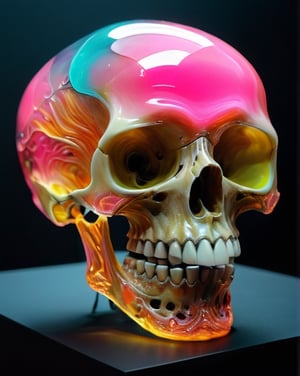 art by yashitomo nara, a transparent epoxy  resin cube shaped head,((a cube shaped head)), viewed from front,looking at the viwer,, vibrent strong colours, stunning colours,beautiful , hyper-realistic oil painting,neon vibrant colors, dark chiarascuro lighting, a telephoto shot, 1000mm lens,  big white eyeballs ,more detail XL,((cucubic scull )), transparent, neon pink Candy,  neon colors 