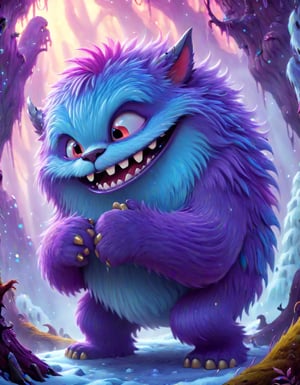 Strong and beautiful vibrent colours,a 1 Furry being in a magical realm, Radiant glow, highly detaild fur, cute creture,mysterious mist,  and vibrant palettes, portraying fluffy monster in a surreal and magical environment.,(potma style:1.05), detailed, ,potma art style, beautiful vibrent colours,colorful, chubby, lots of fur, round teeth, silly smile,
