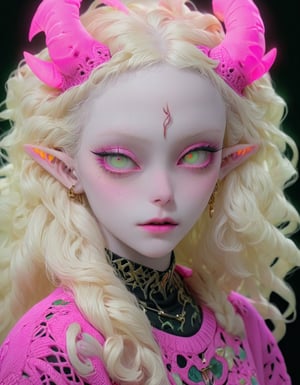 (Viewed from front), facing the viewer,,1 albino demon girl with lethargic sleepy smokey eyes, blonde curls,pale skin,long   blonde hair,,yellow hair,highly detaild eyes,  beautiful face ,beautiful face, 2neon pink horns,fishnet neon purple sweater , (long intricate horns:1.2)  ,   best quality,green eyes,  , parted lips, highest quality, extremely detailed CG unity 8k wallpaper, detailed and intricate,

 ,  