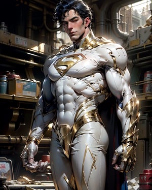 highres, Ultra HD, ultra detailed, cinematic poster, ((the super man )),front side, fecing the viewer, front ,  ,(1 Superman ), musculer, masculine ,   marvel character, tight fit.(( white and gold Superman costume)) ,  highly detaild Whit and gold. Superman costume,((front)), facing the viewer, , the background is a high-tech lighting scene of the future cyberpunk city, gleaming, sparkling light,wrenchsmechs,Mecha, sci-fi 