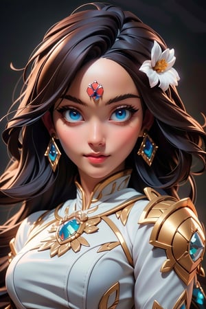 (Masterpiece: 1.5), (Best Quality: 1.5), High Resolution, Highly Detailed, 3DMM,1 Girl, Solo,  blue eyes, long brown  hair, natural skin ,   looking at viewer,white dress , lether armour, prinses,  breasts,  fantasy background, (perfect face:1.1), perfect eyes, Earrings, Jewelry, Flowers, Perfect Face,  , ,3DMM