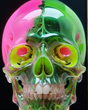 art by yashitomo nara,(( a transparent epoxy  resin   head)),((a transparent head with. Transparent skin )), ((a  neon green   scull  visible inside the transparent head,neon colors )), viewed from front,looking at the viwer,, vibrent strong colours, stunning colours,beautiful , hyper-realistic oil painting, vibrant colors, simple pink background,chiarascuro lighting, a telephoto shot, 1000mm lens,  ,more detail visible vibrent scull )), transparent,