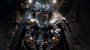 highres, Ultra HD, ultra detailed, cinematic poster, ((the bat man )),facing the viewer, front side,,(Batman ), musculer, masculine ,   marvel character, tight fit. black cape, gold and white Batman costume,,  slime  ((front)), facing the viewer,  , the background is a high-tech lighting scene of the future cyberpunk city, gleaming, sparkling light,wrenchsmechs,Mecha 