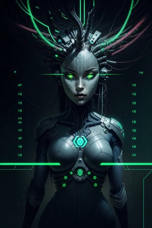 shodanSS_soul3142, 1girl, glowing eyes, eerie, surreal, cyber-hologram projection, green theme, tube in head, cables, neon, science fiction, circuit board background