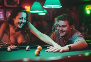 Photo. Closeup of a happy couple playing at the pool table at a seedy local bar. Canon 5d Mark 4, Kodak Ektar, 35mm, neon light