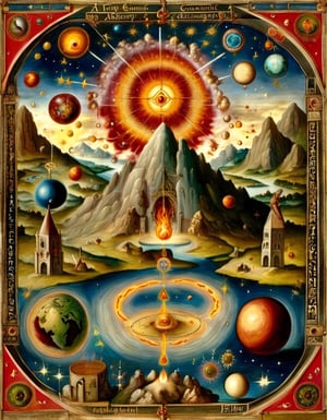 Paiting of a Medieval cosmic rendition of the alchemy elements, planets, water, fire, earth, third eye, gate to heaven,  Sky, mountain and medow in the background