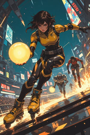 Oil painting. Anime style by J.C. Leyendecker. Battle Angel Alita competing in a high-speed Motorball game. Alita, wearing her iconic sleek cyborg armor, races through the futuristic Motorball rollercoaster like tracks on rollerblades, gripping the glowing Motorball in one hand. Her face is focused and determined, with cybernetic enhancements emphasizing her power and agility. The arena is a high-tech, metallic environment with neon lights, massive crowds, and a gritty, industrial vibe. In the background, other cybernetic players chase after her, each equipped with various mechanical enhancements designed for speed and combat. Sparks fly from Alita's blades as she speeds around a sharp curve, with the atmosphere of the scene reflecting the intensity, competition, and danger of the Motorball game. The overall aesthetic is bold, dynamic, and futuristic, with a mix of cyberpunk elements and action-packed energy