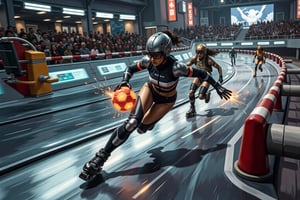 Oil painting. Overhead shot of Battle Angel Alita competing in a high-speed Motorball game, similar to Rollerball. Alita, wearing her iconic sleek cyborg armor and padded helmet, races through the winding rollercoaster like Motorball track on rollerblades, gripping the glowing basketball like gadget in one hand. The arena is a high-tech, metallic environment with neon lights, massive crowds, and a gritty, industrial vibe. In the background, other cybernetic players chase after her, each equipped with various mechanical enhancements designed for speed and combat. Sparks fly from Alita's blades as she speeds around a sharp curve, with the atmosphere of the scene reflecting the intensity, competition, and danger of the Motorball game. The overall aesthetic is bold, dynamic, and futuristic, with a mix of cyberpunk elements and action-packed energy 