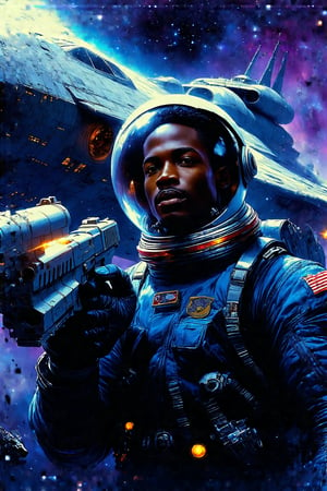 Comic book drawing, Closeup of a handsome Black African male astronaut wearing sleek modern spacesuit holding a retro laser pistol on (A massive, ancient spaceship floating derelict in deep space.), retro sci-fi style, dynamic lighting, digital art, cinematic shot, fantastically beautiful, illustration, aesthetically inspired by classic sci-fi movies, by Paul Lehr by Jon Whitcomb, samdoesart, dreamlikeart. 