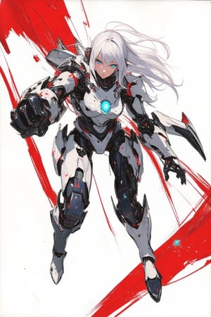 Sketch painting, lyh. Overhead shot, of a dynamic, futuristic anime-style illustration featuring a cybernetic female character punching the ground with her fist.  She has long white hair flowing behind her. She is equipped with intricate, robotic armor and mechanical enhancements, particularly on her oversized mechanical arms. The character has glowing, intense blue eyes, and her expression is focused and determined as she leaps forward in a powerful action pose. The armor is detailed with a white and black color scheme, adorned with red accents and industrial-like patterns. The background is minimalist with a striking red stripe and white backdrop, giving the image a sleek, sci-fi aesthetic. The overall style is high-tech, cyberpunk, and action-packed, with influences of mecha and futuristic design.