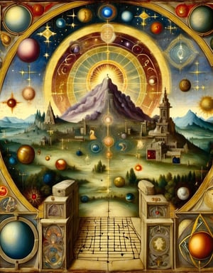 Paiting of a Medieval cosmic rendition of the alchemy elements, third eye, gate to heaven,  Sky, mountain and medow in the background