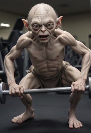 A gollum working out, pumping iron in the gym