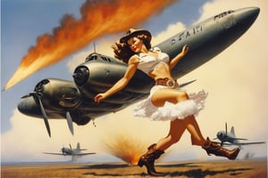 Photo of a cowgirl in white short shorts and fedora, riding a massive nuclear bomb as it is being dropped from a vintage bomber plane. The cowgirl holds onto the bomb with a determined expression, her hair flowing in the wind. The bomber plane is shown in the background, with its engines roaring and propellers spinning. Style by J.C. Leyendecker. Canon 5d Mark 4, Kodak Ektar, 35mm