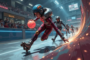 Prompt: Oil painting. Overhead shot of Battle Angel Alita competing in a high-speed Motorball game, similar to Rollerball. Alita, wearing her iconic sleek cyborg armor and padded helmet, races through the winding rollercoaster like Motorball track on rollerblades, gripping the glowing basketball like gadget in one hand. The arena is a high-tech, metallic environment with neon lights, massive crowds, and a gritty, industrial vibe. In the background, other cybernetic players chase after her, each equipped with various mechanical enhancements designed for speed and combat. Sparks fly from Alita's blades as she speeds around a sharp curve, with the atmosphere of the scene reflecting the intensity, competition, and danger of the Motorball game. The overall aesthetic is bold, dynamic, and futuristic, with a mix of cyberpunk elements and action-packed energy 