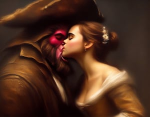 Oil painting of Emma Watson as Beauty kissing the Beast, art by Rembrandt  r3mbr4ndt