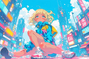 Sketch painting. lyh_niji. anime style. 1girl. A vibrant anime-style illustration of a young blonde woman sitting on the ground in a futuristic cityscape. She wears a blue and white windbreaker and white sneakers with pink accents. Her wide blue eyes are filled with wonder, and her cheeks are flushed, suggesting excitement or surprise. The wind gently tousles her hair as futuristic skyscrapers and neon signs fill the background, all under a bright blue sky with fluffy clouds. The setting conveys a sense of adventure in a modern, high-tech urban environment, with bold, clean lines and pastel colors adding a soft yet dynamic feel.