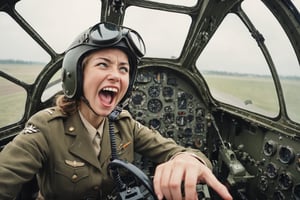 Photo, Female pilot,  screaming,  inside cockpit,  ww2,  canon 5d mark 4, kodak ektar