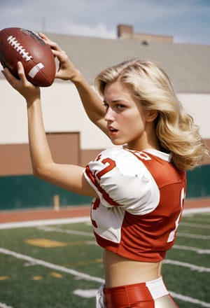Photo, Closeup blonde female quarterback throwing a football, midriff. Canon 5d mark 4, Kodak ektar, style by J.C. Leyendecker