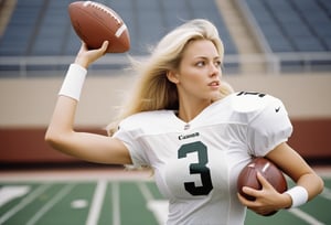 Photo, Closeup blonde female quarterback throwing a football, midrift. Canon 5d mark 4, Kodak ektar, style by J.C. Leyendecker