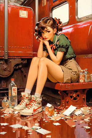 anime artwork, Girl, sitting on train, red interior, rust, garbage on the floor, broken bottles, art by J.C. Leyendecker . anime style, key visual, vibrant, studio anime, highly detailed,ClassipeintXL
